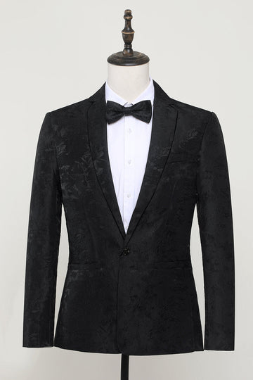 Svart Jacquard Satin Hached Lapel Blazer Herr